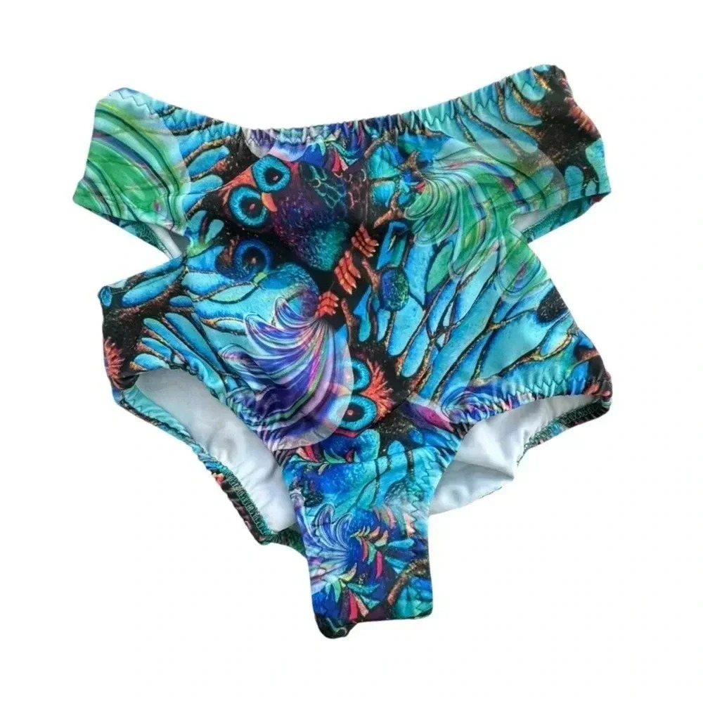 Iheartraves Festival Bottoms, multi colored feather peacock rave Small cheeky